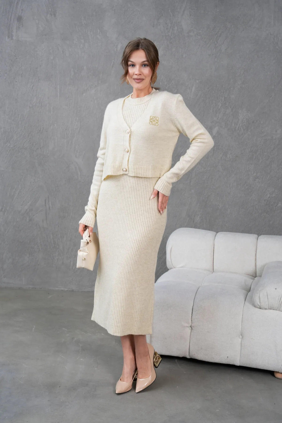 Kadın Düğme Detay Cekt Kolsuz Kaşkorse Elbise İkili Triko Takım