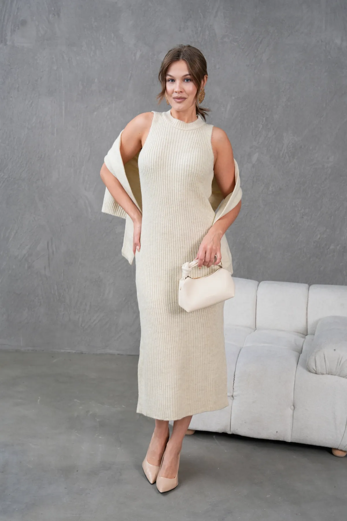 Kadın Düğme Detay Cekt Kolsuz Kaşkorse Elbise İkili Triko Takım