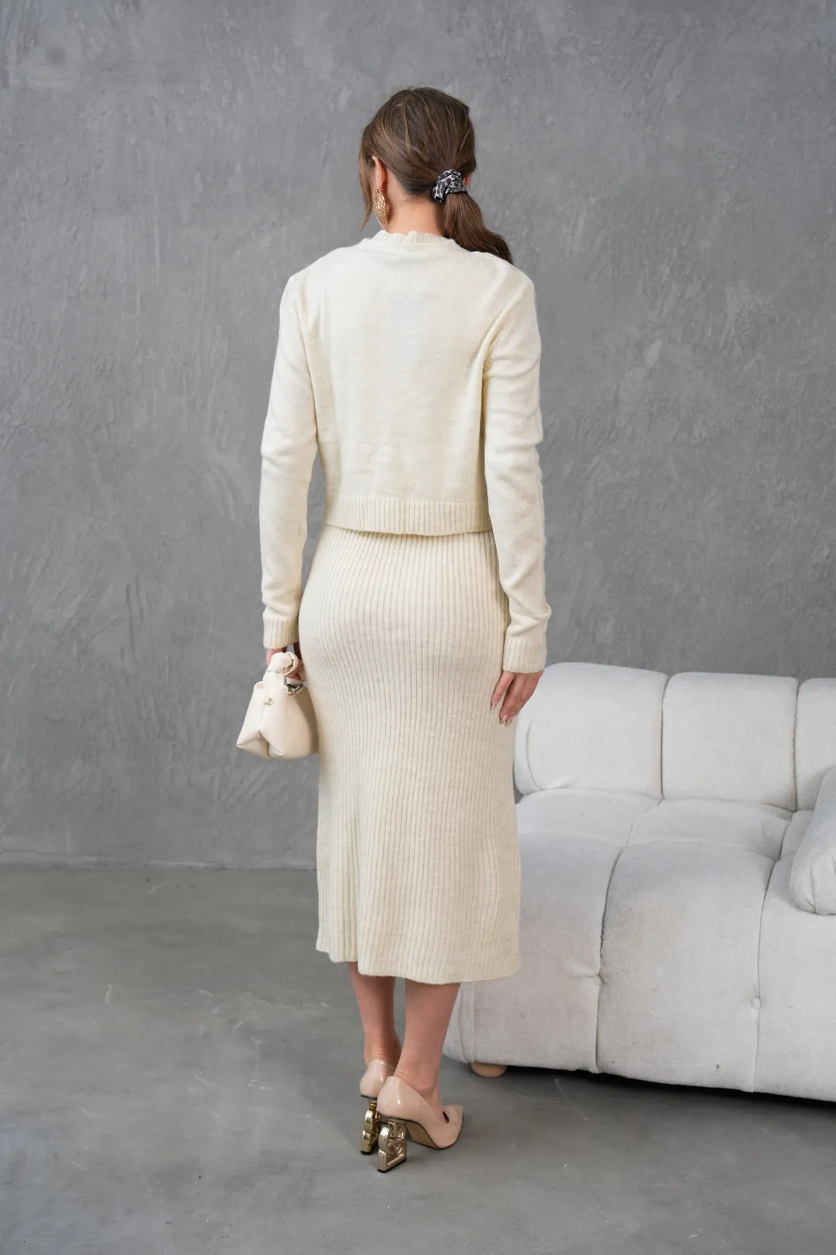 Kadın Düğme Detay Cekt Kolsuz Kaşkorse Elbise İkili Triko Takım