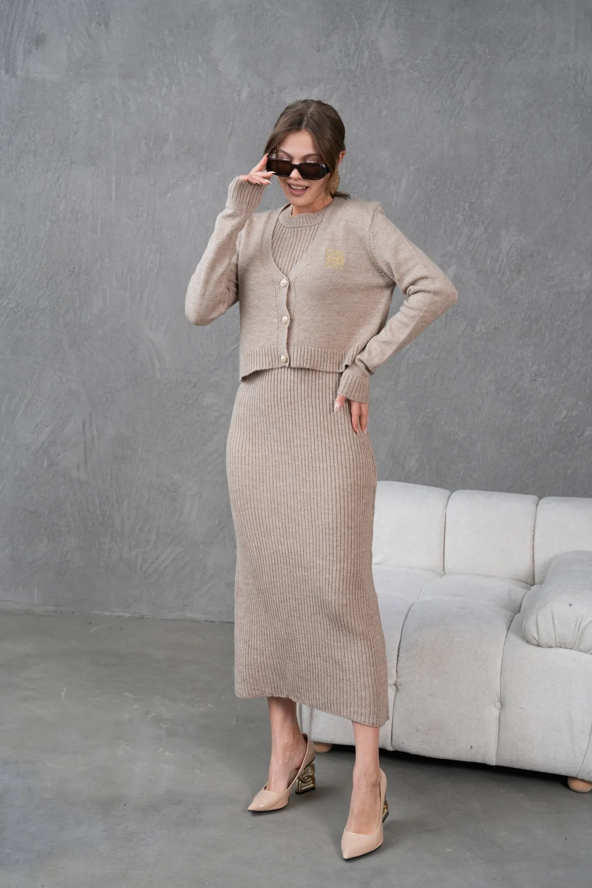 Kadın Düğme Detay Cekt Kolsuz Kaşkorse Elbise İkili Triko Takım