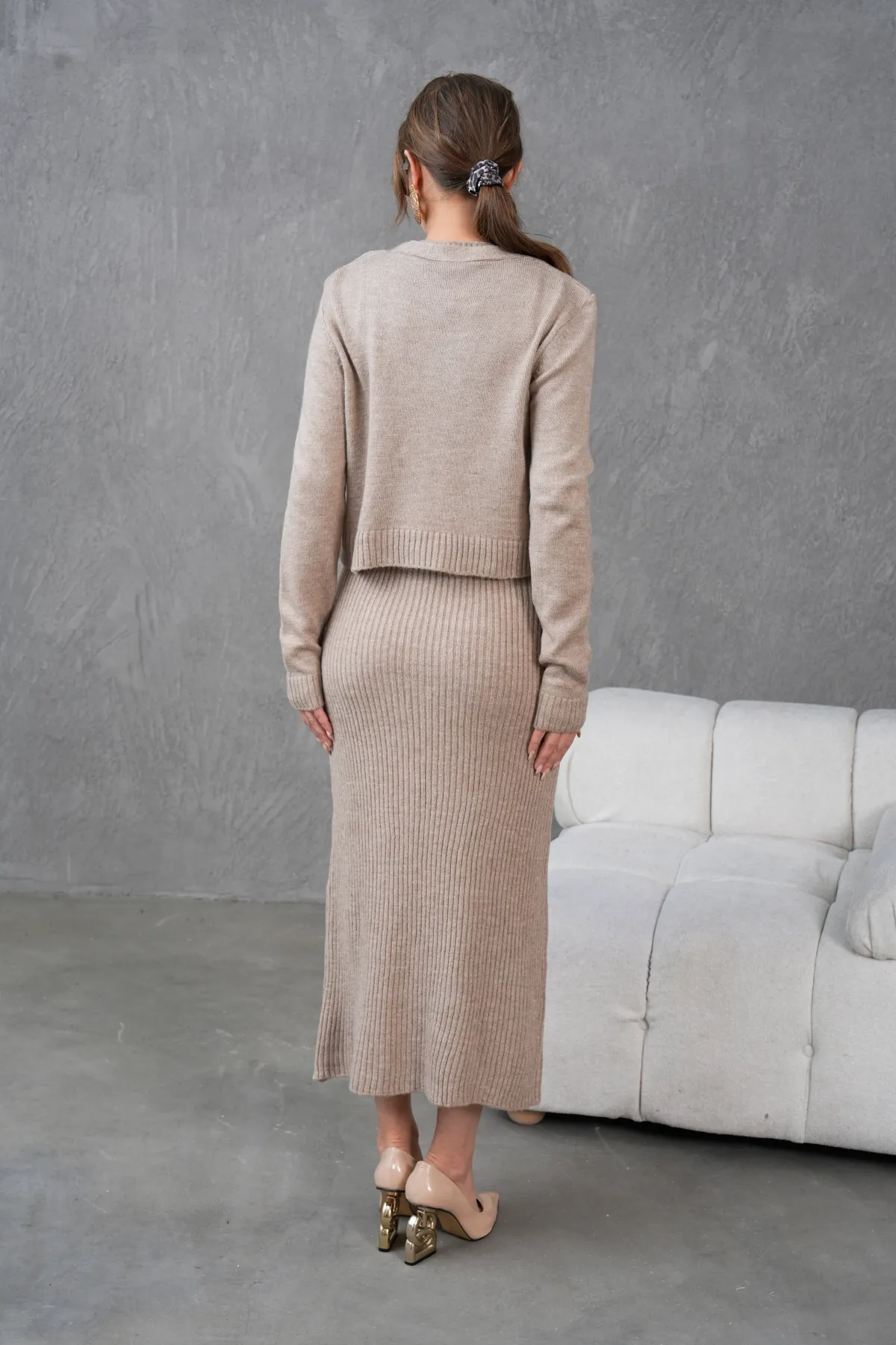 Kadın Düğme Detay Cekt Kolsuz Kaşkorse Elbise İkili Triko Takım