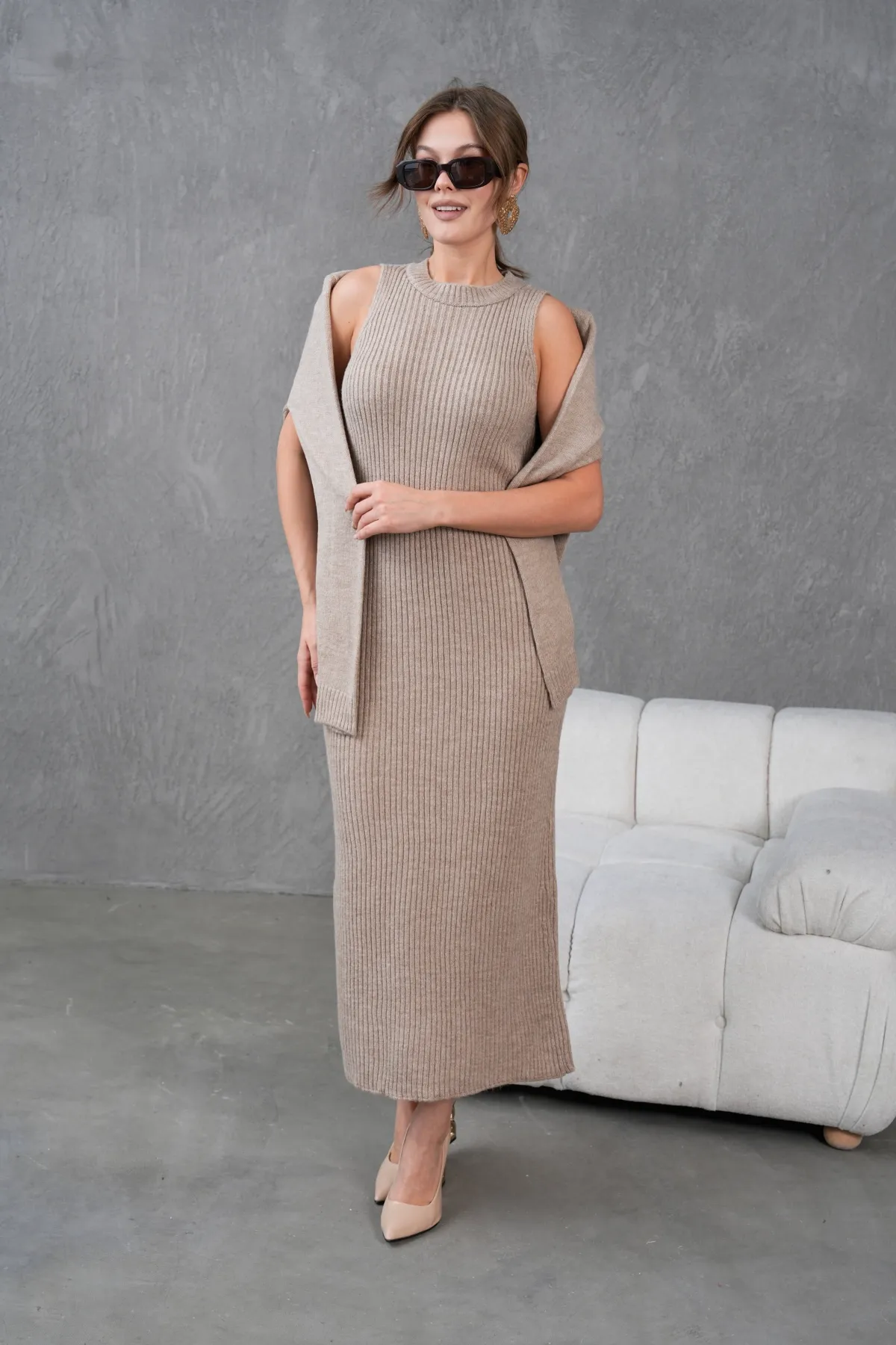 Kadın Düğme Detay Cekt Kolsuz Kaşkorse Elbise İkili Triko Takım