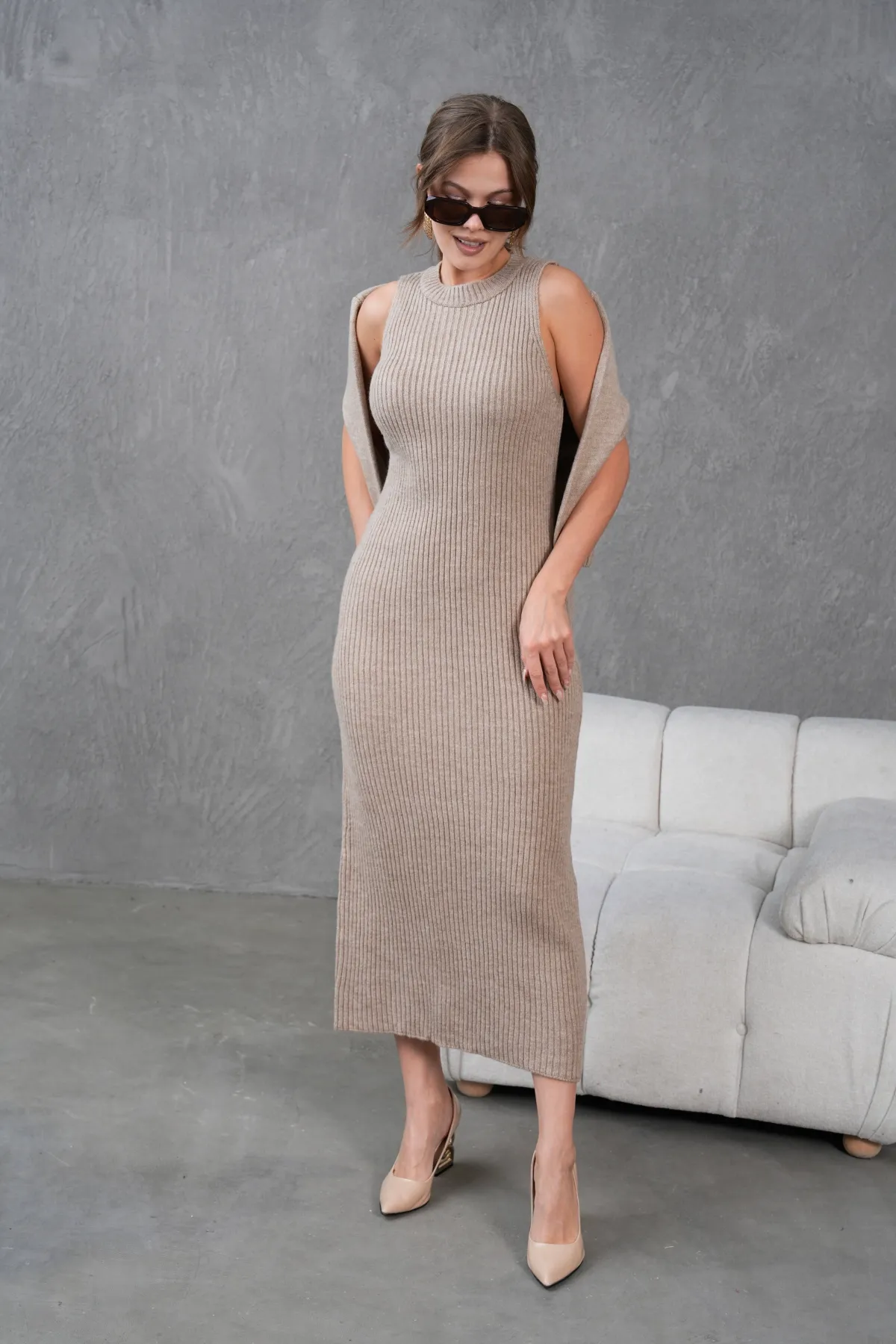 Kadın Düğme Detay Cekt Kolsuz Kaşkorse Elbise İkili Triko Takım