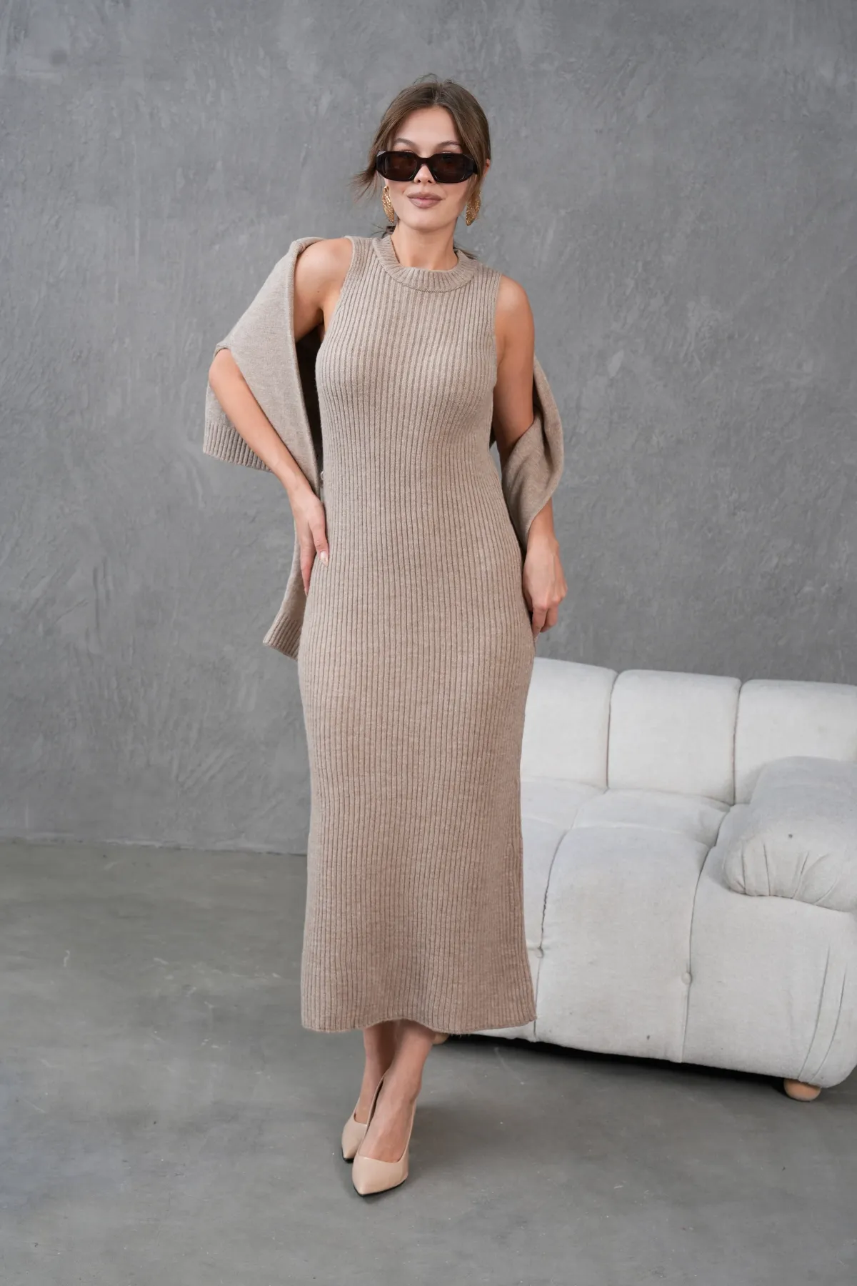 Kadın Düğme Detay Cekt Kolsuz Kaşkorse Elbise İkili Triko Takım