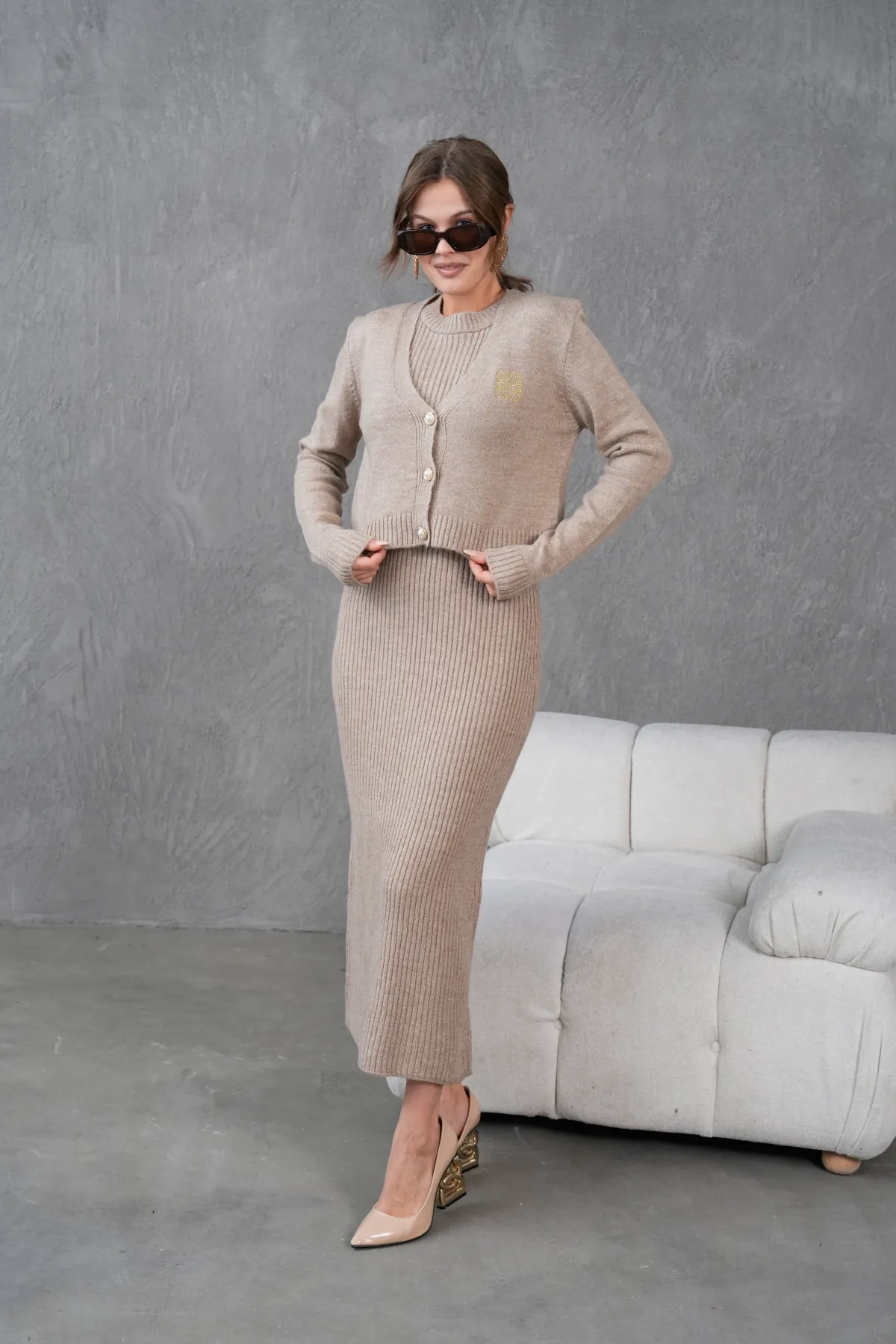 Kadın Düğme Detay Cekt Kolsuz Kaşkorse Elbise İkili Triko Takım