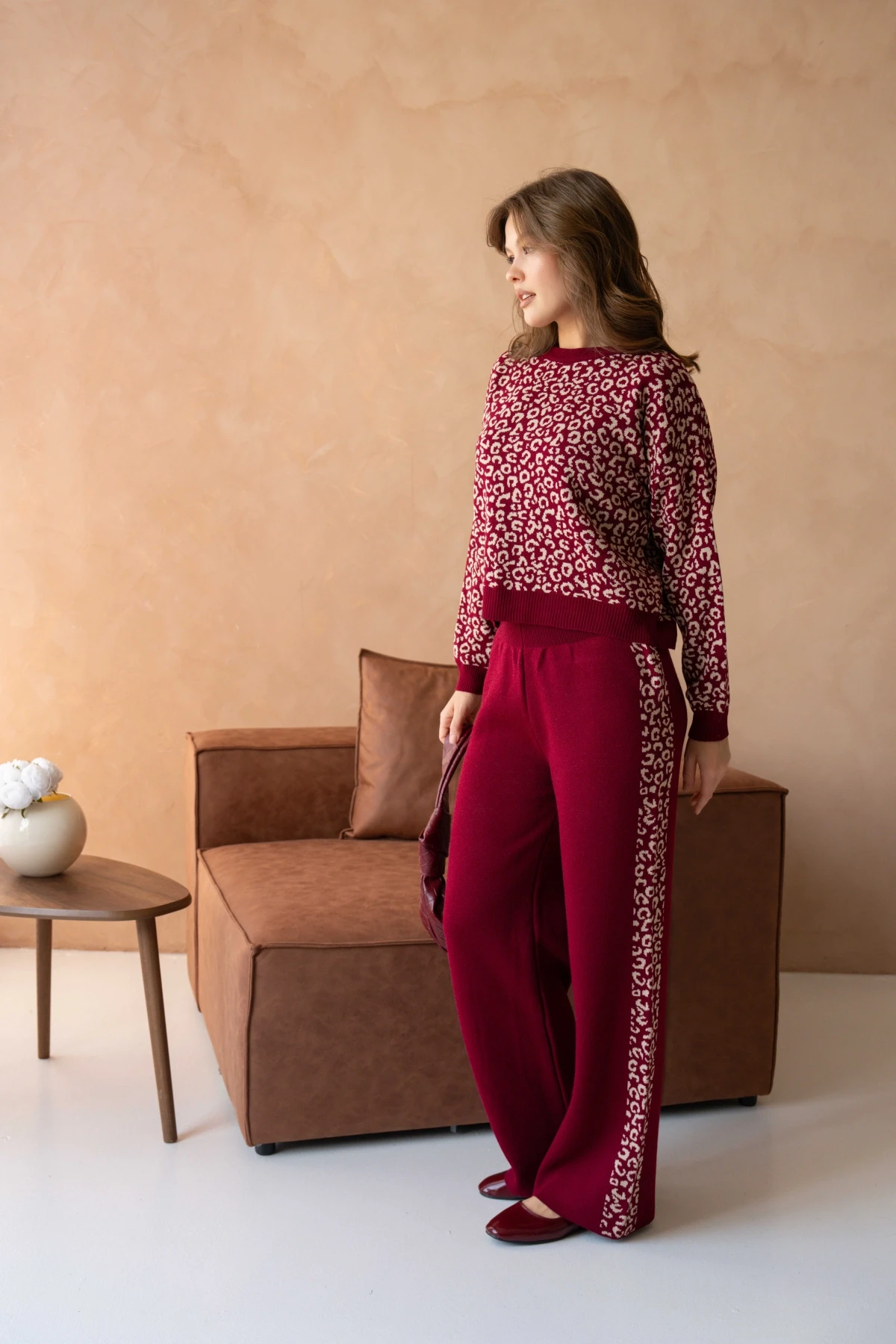Kadın Geniş Yaka Desenli Kazak Pantolon İkili Triko Takım