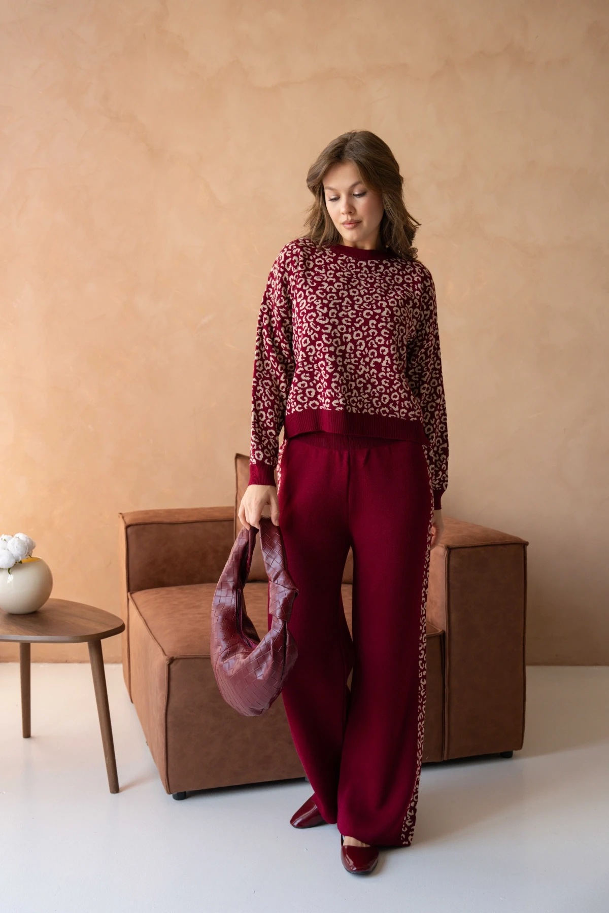 Kadın Geniş Yaka Desenli Kazak Pantolon İkili Triko Takım