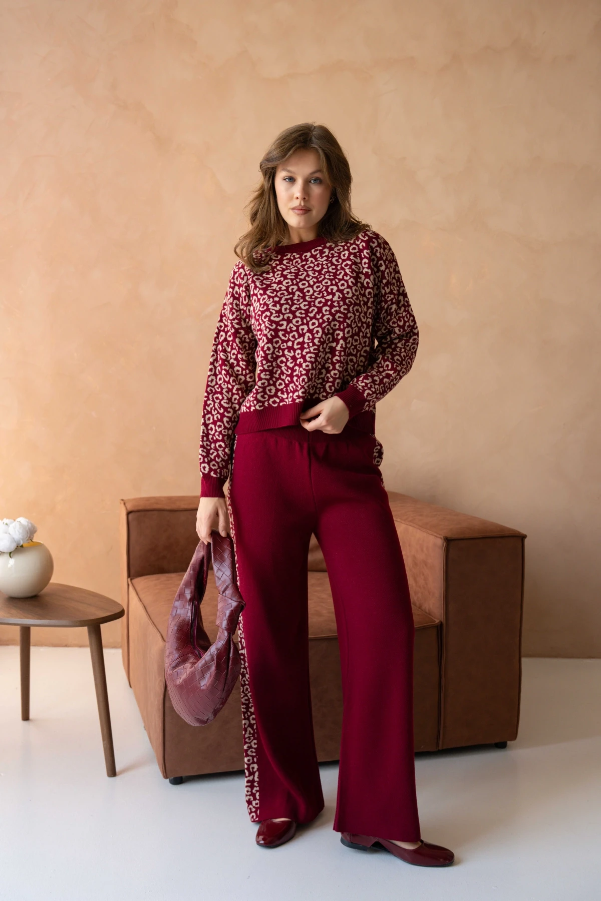 Kadın Geniş Yaka Desenli Kazak Pantolon İkili Triko Takım