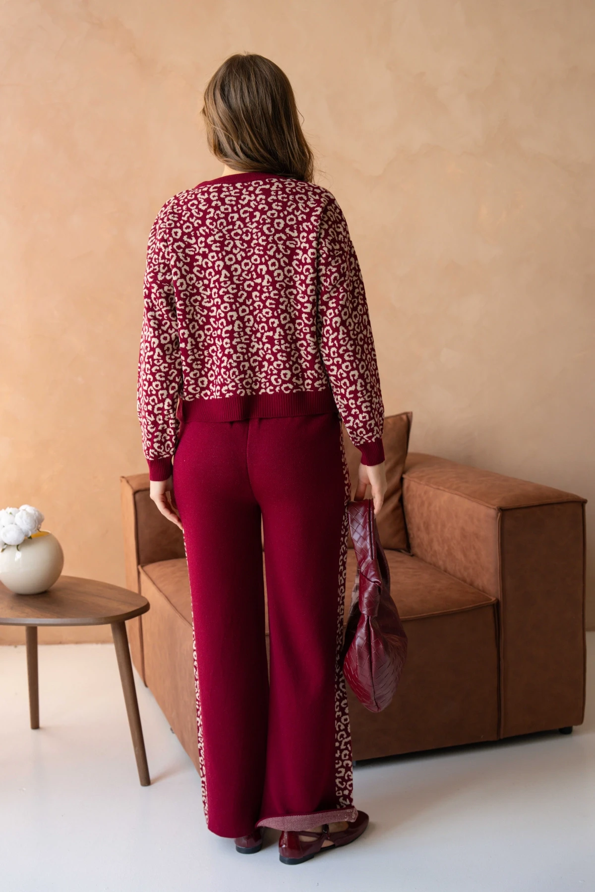 Kadın Geniş Yaka Desenli Kazak Pantolon İkili Triko Takım