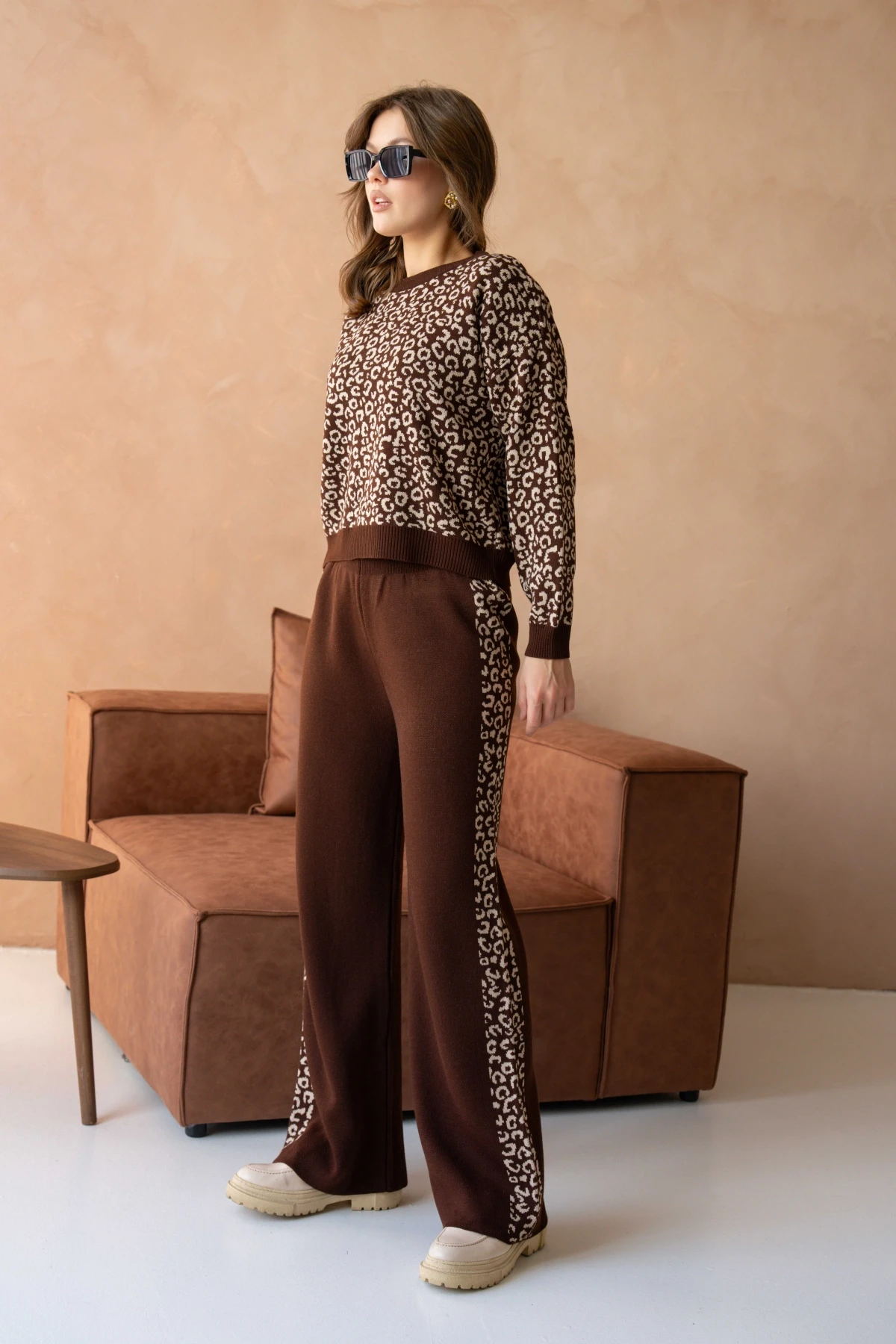 Kadın Geniş Yaka Desenli Kazak Pantolon İkili Triko Takım
