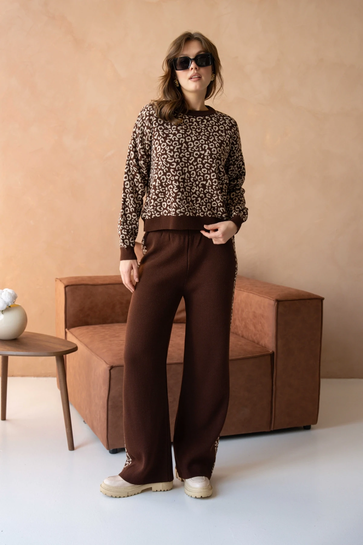 Kadın Geniş Yaka Desenli Kazak Pantolon İkili Triko Takım