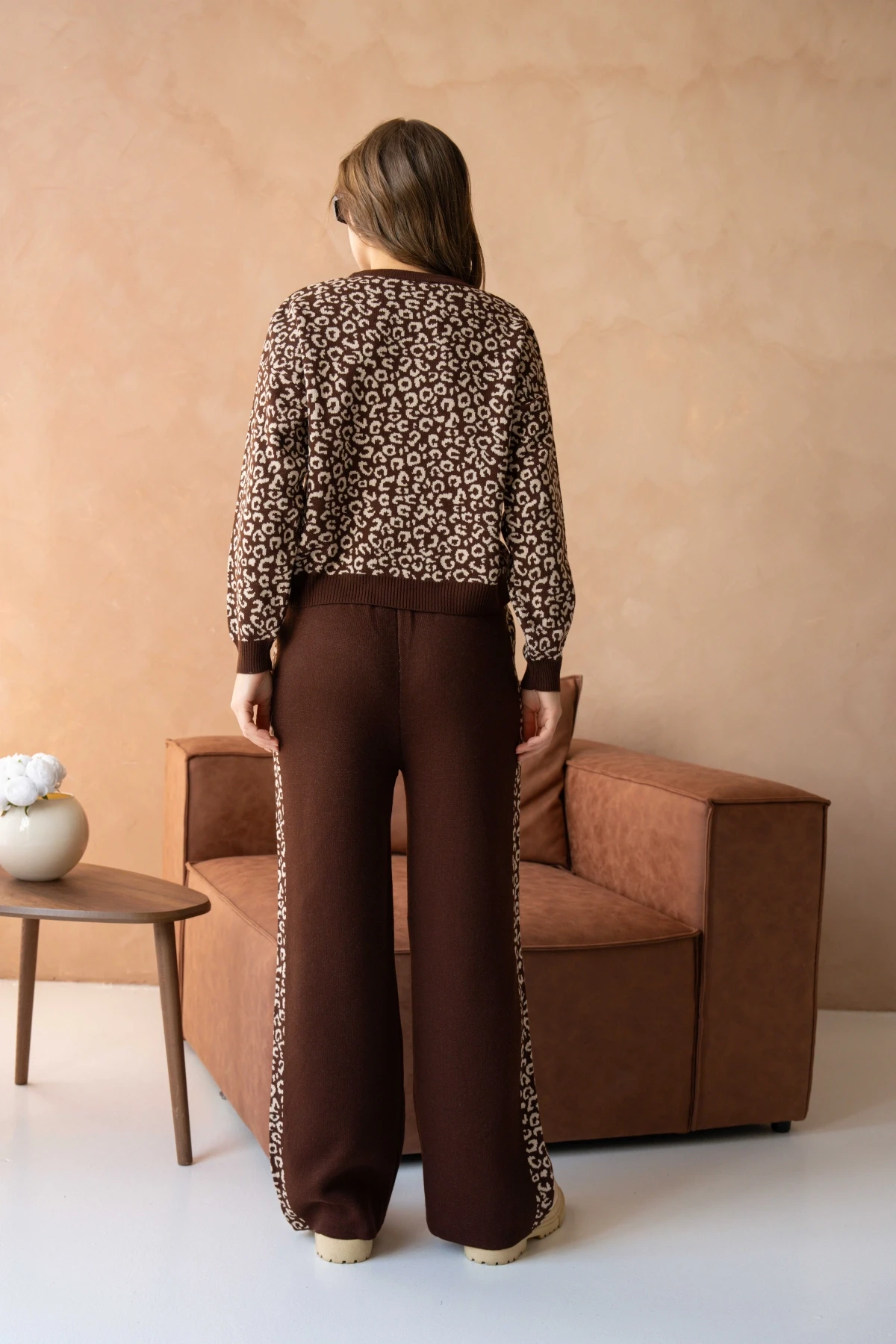 Kadın Geniş Yaka Desenli Kazak Pantolon İkili Triko Takım