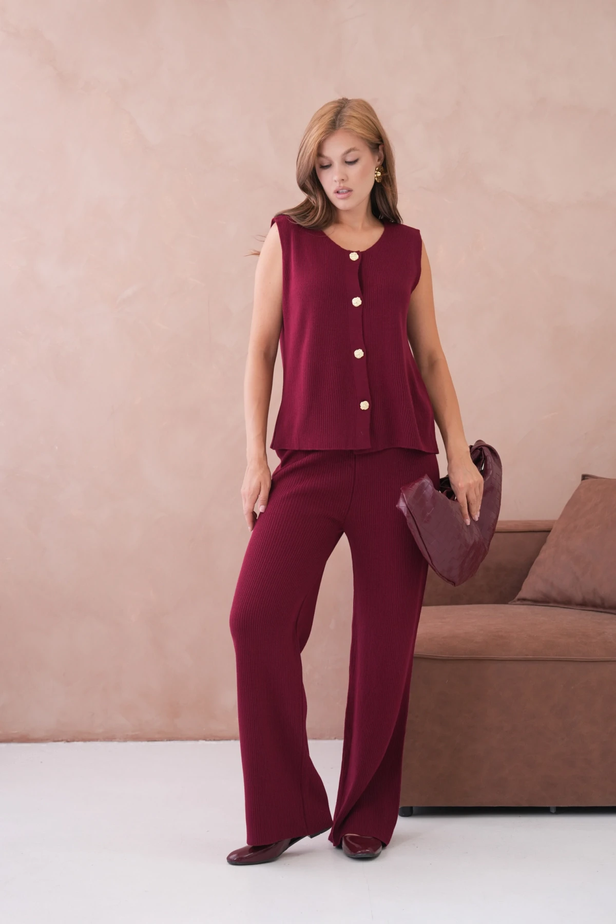 Kadın Geniş Yaka Düğme Detay Kaşkorse Uzun Yelek Pantolon İkili Triko Takım