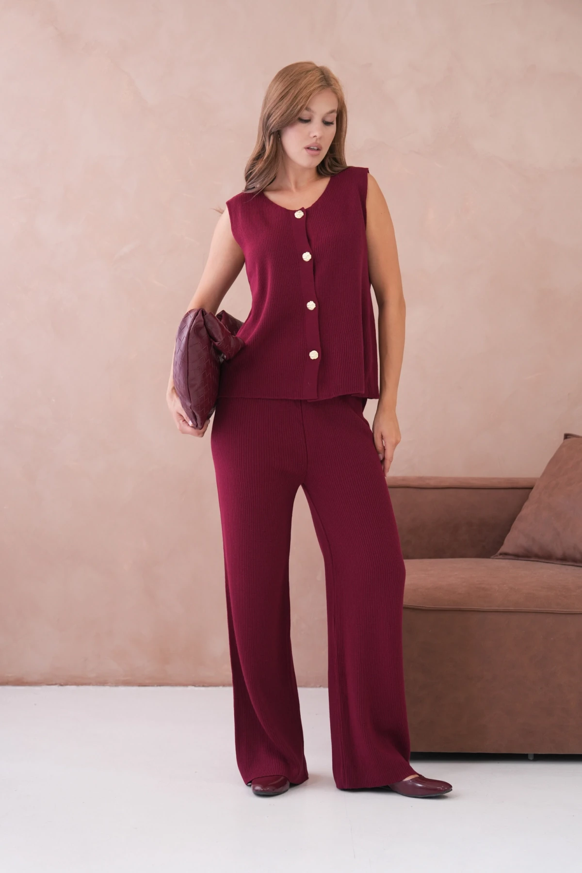 Kadın Geniş Yaka Düğme Detay Kaşkorse Uzun Yelek Pantolon İkili Triko Takım