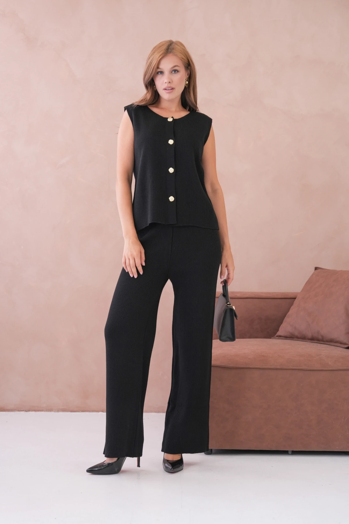 Kadın Geniş Yaka Düğme Detay Kaşkorse Uzun Yelek Pantolon İkili Triko Takım