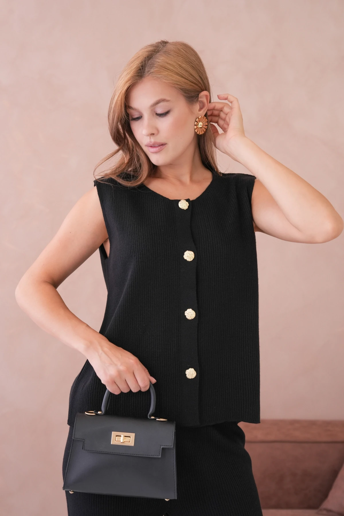 Kadın Geniş Yaka Düğme Detay Kaşkorse Uzun Yelek Pantolon İkili Triko Takım