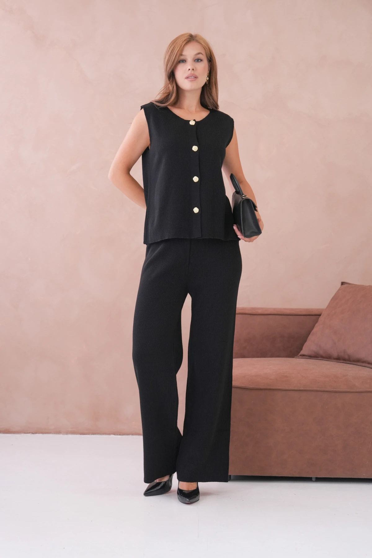 Kadın Geniş Yaka Düğme Detay Kaşkorse Uzun Yelek Pantolon İkili Triko Takım