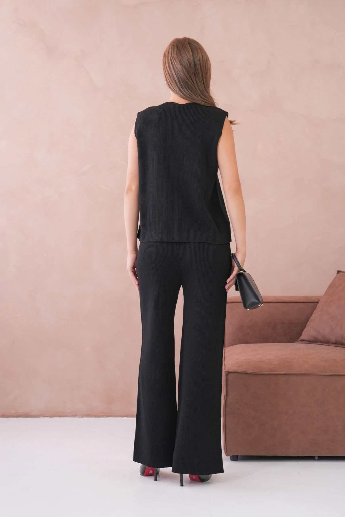 Kadın Geniş Yaka Düğme Detay Kaşkorse Uzun Yelek Pantolon İkili Triko Takım