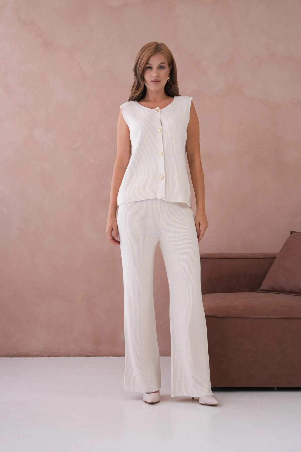 Kadın Geniş Yaka Düğme Detay Kaşkorse Uzun Yelek Pantolon İkili Triko Takım