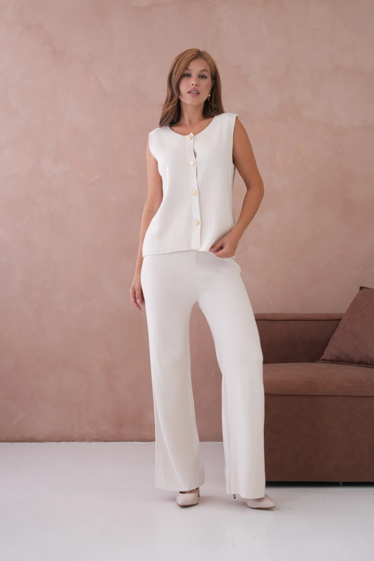 Kadın Geniş Yaka Düğme Detay Kaşkorse Uzun Yelek Pantolon İkili Triko Takım