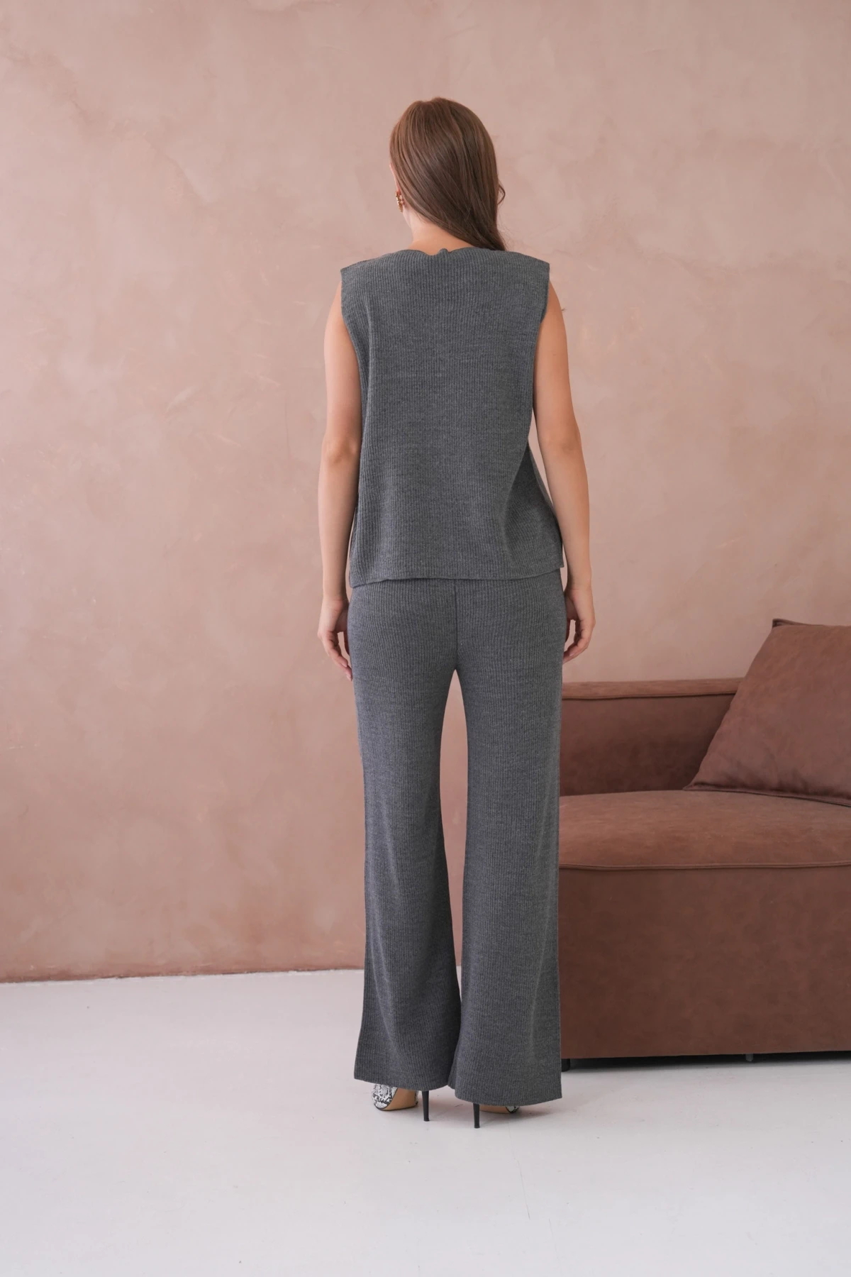 Kadın Geniş Yaka Düğme Detay Kaşkorse Uzun Yelek Pantolon İkili Triko Takım