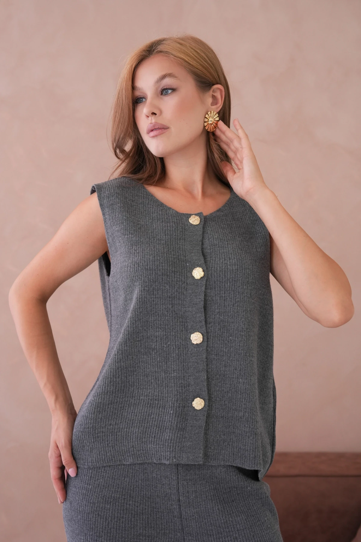 Kadın Geniş Yaka Düğme Detay Kaşkorse Uzun Yelek Pantolon İkili Triko Takım