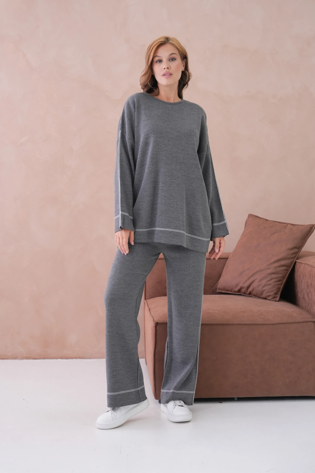 Kadın Geniş Yaka Kazak Pantolon İkili Triko Takım