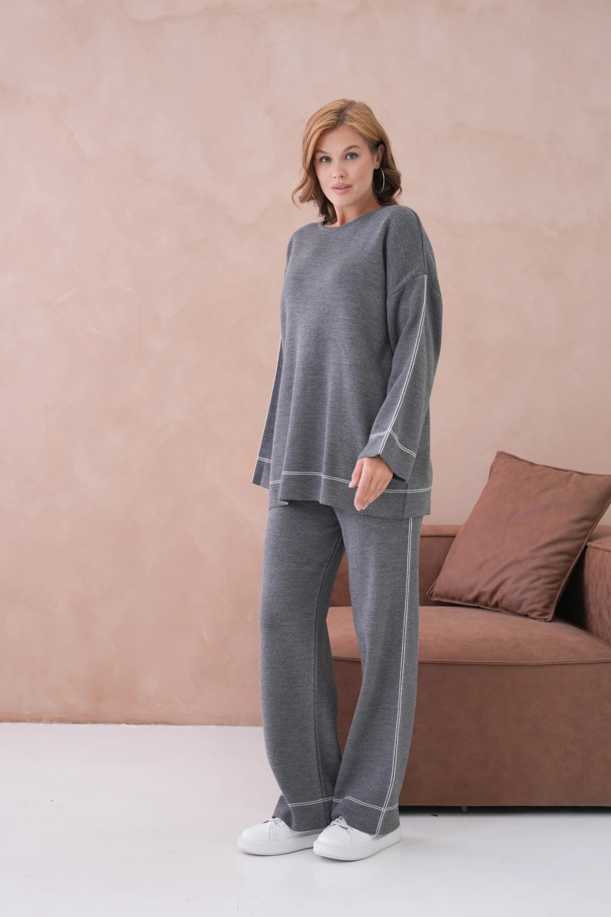 Kadın Geniş Yaka Kazak Pantolon İkili Triko Takım