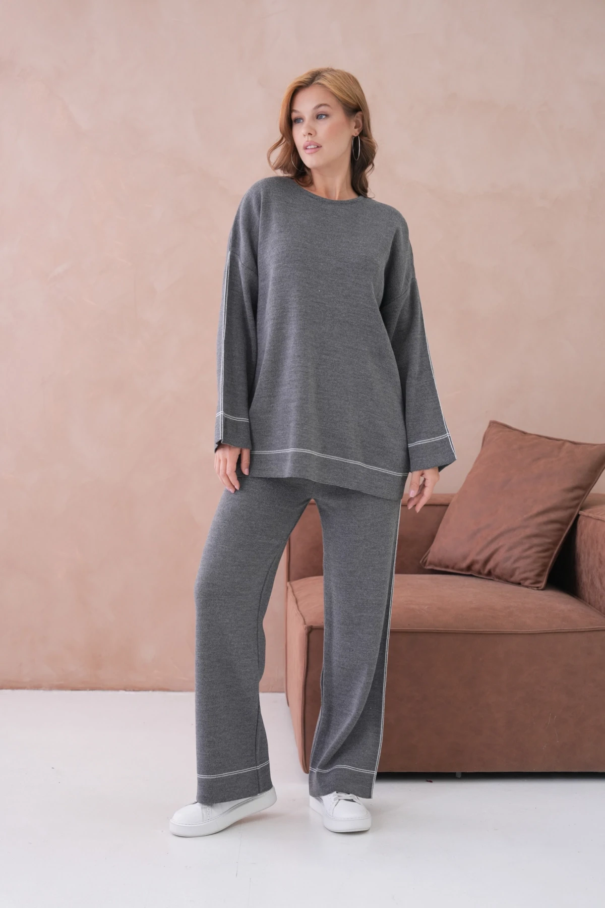 Kadın Geniş Yaka Kazak Pantolon İkili Triko Takım