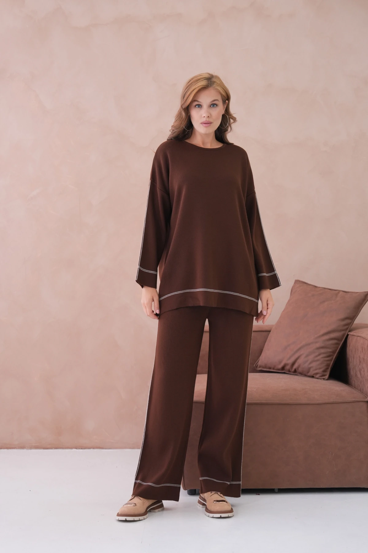 Kadın Geniş Yaka Kazak Pantolon İkili Triko Takım