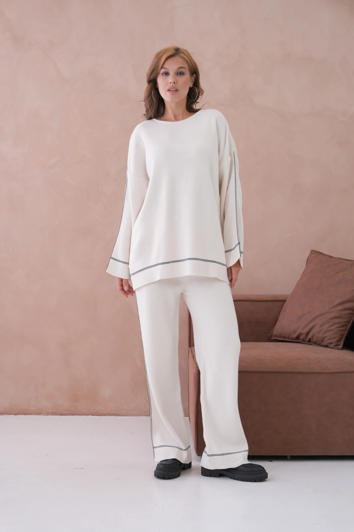 Kadın Geniş Yaka Kazak Pantolon İkili Triko Takım