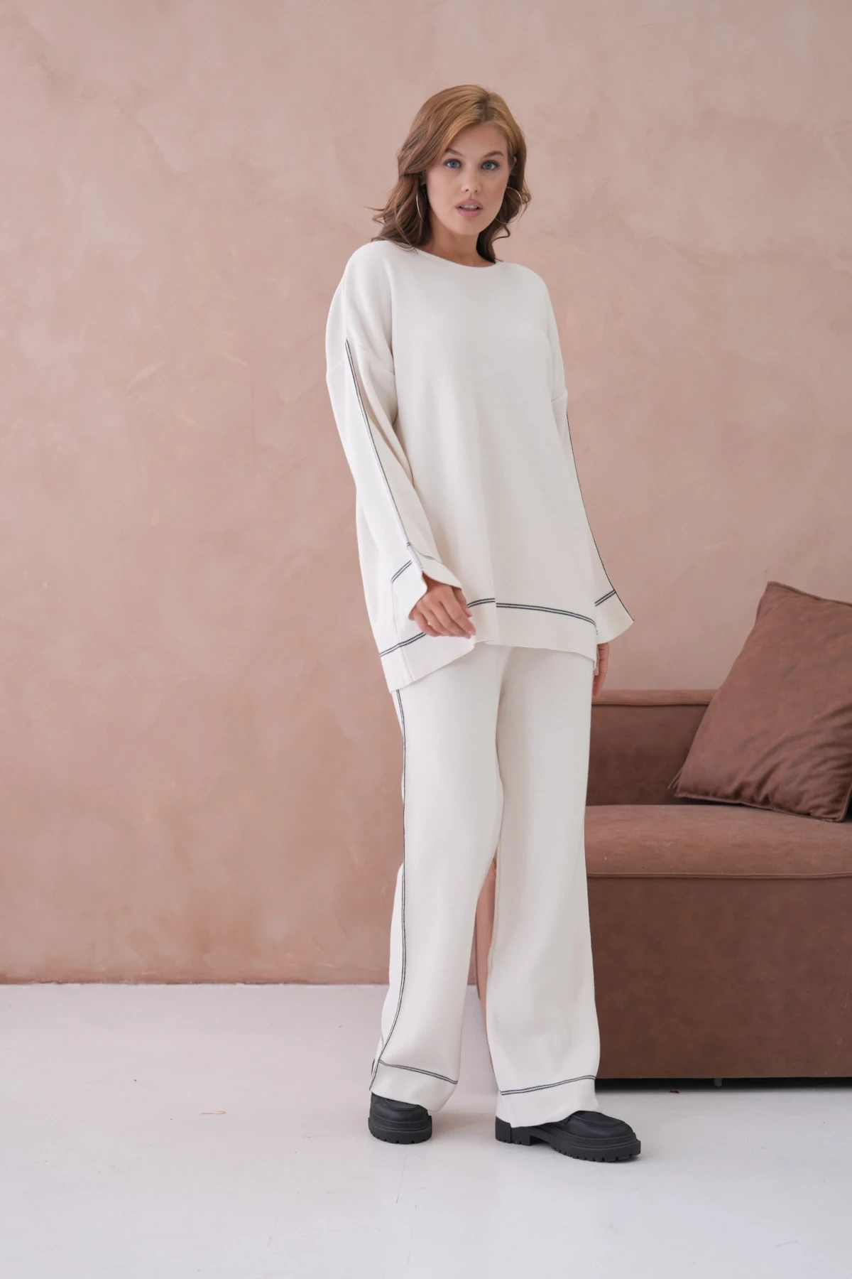 Kadın Geniş Yaka Kazak Pantolon İkili Triko Takım