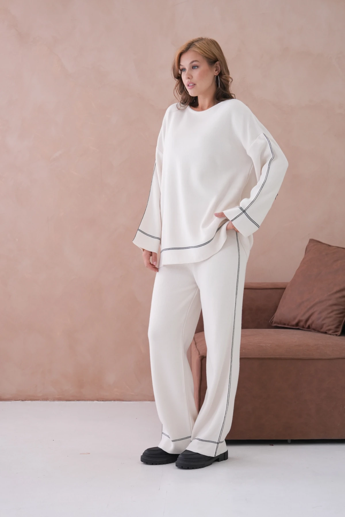 Kadın Geniş Yaka Kazak Pantolon İkili Triko Takım