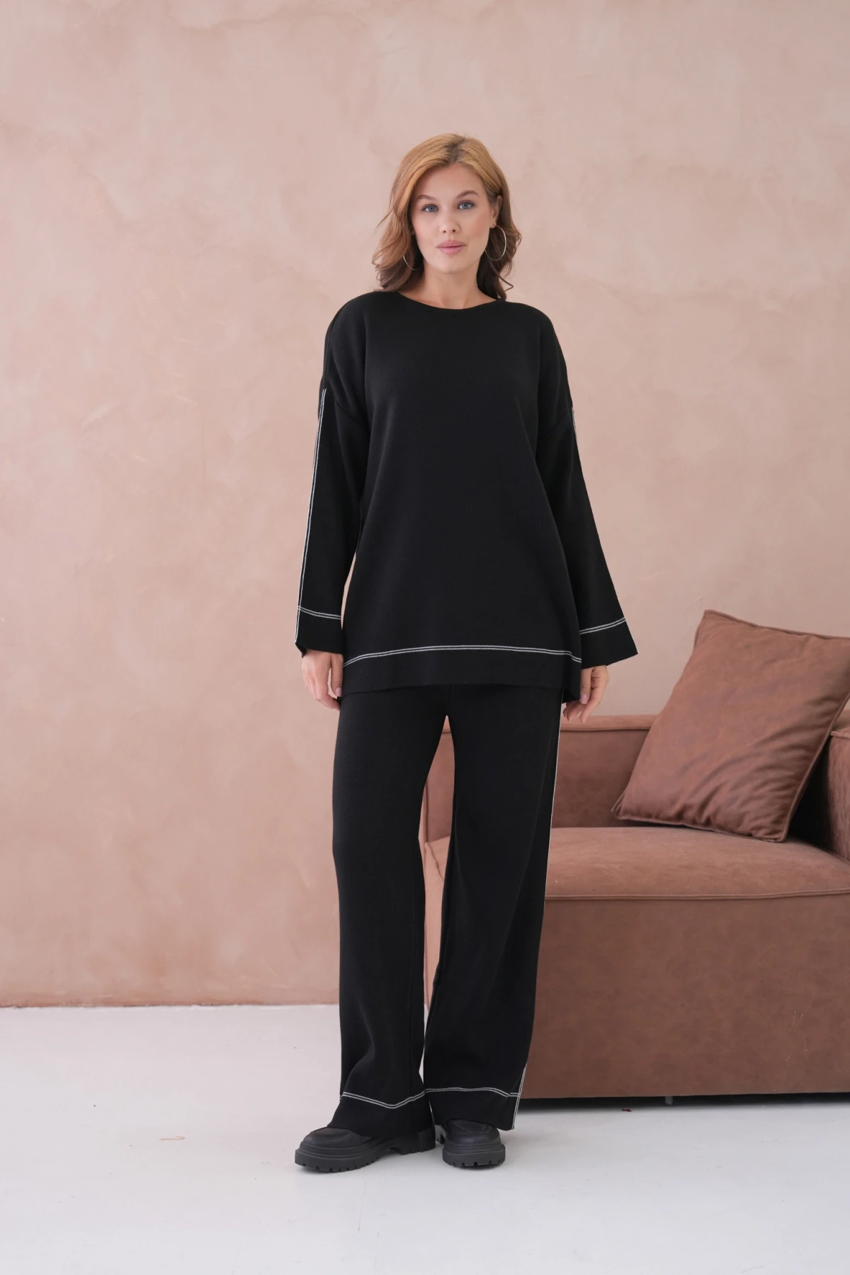 Kadın Geniş Yaka Kazak Pantolon İkili Triko Takım