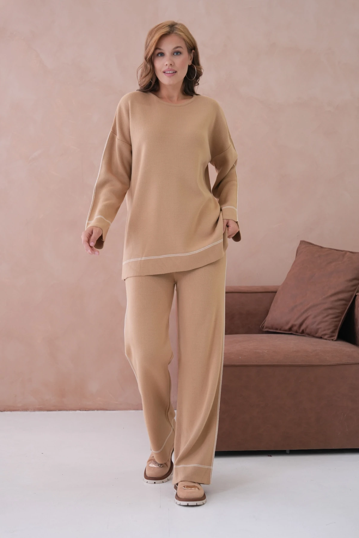 Kadın Geniş Yaka Kazak Pantolon İkili Triko Takım