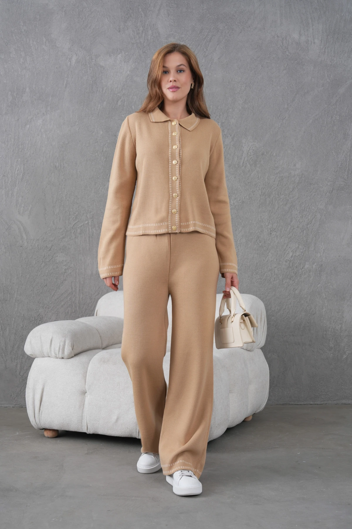 Kadın Gömlek Yaka Düğme Detay Ceket Pantolon İkili Triko Takım