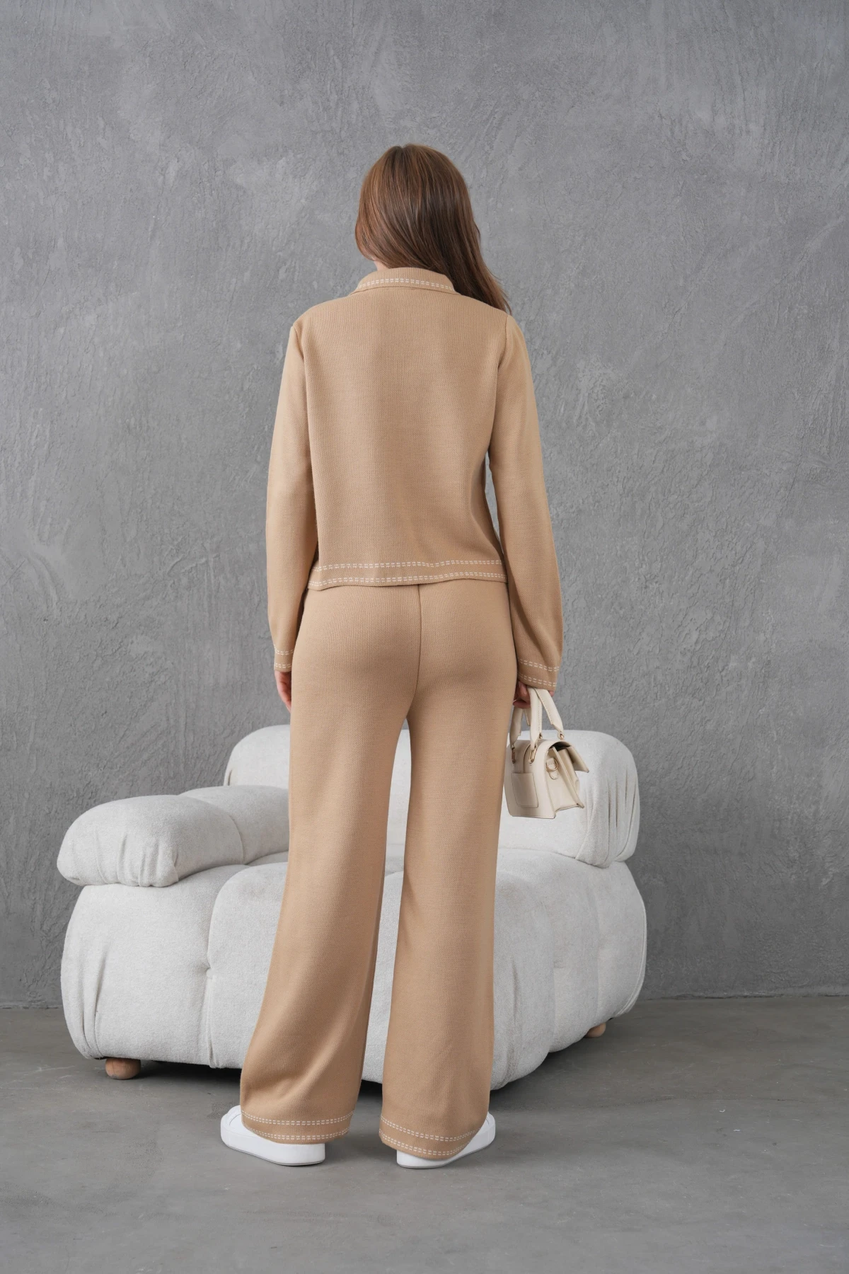 Kadın Gömlek Yaka Düğme Detay Ceket Pantolon İkili Triko Takım