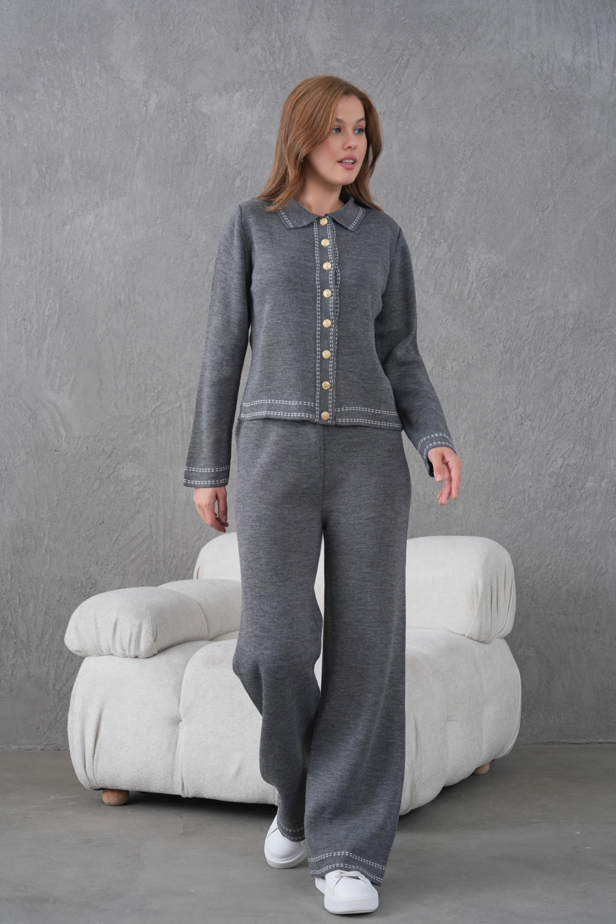 Kadın Gömlek Yaka Düğme Detay Ceket Pantolon İkili Triko Takım