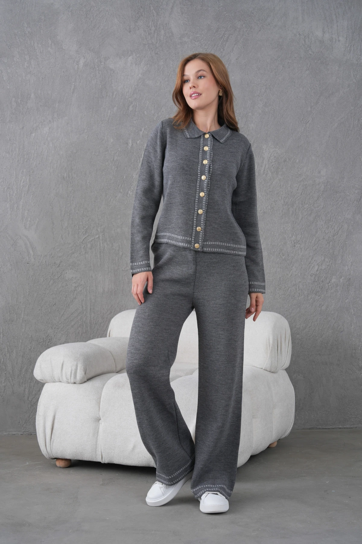 Kadın Gömlek Yaka Düğme Detay Ceket Pantolon İkili Triko Takım