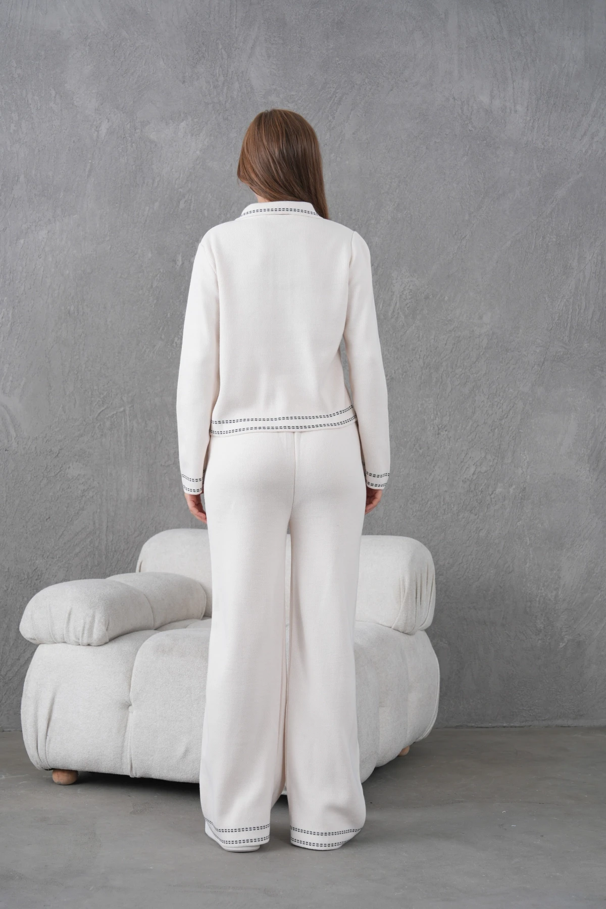 Kadın Gömlek Yaka Düğme Detay Ceket Pantolon İkili Triko Takım