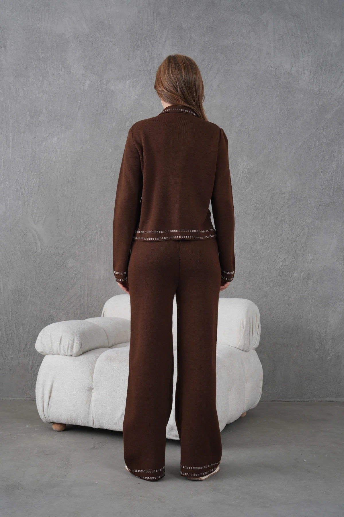 Kadın Gömlek Yaka Düğme Detay Ceket Pantolon İkili Triko Takım