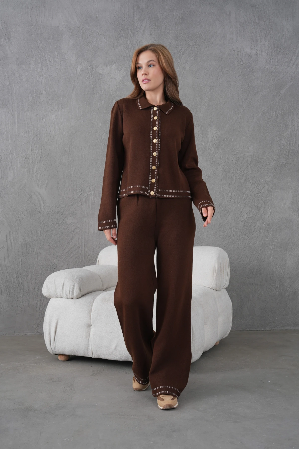 Kadın Gömlek Yaka Düğme Detay Ceket Pantolon İkili Triko Takım