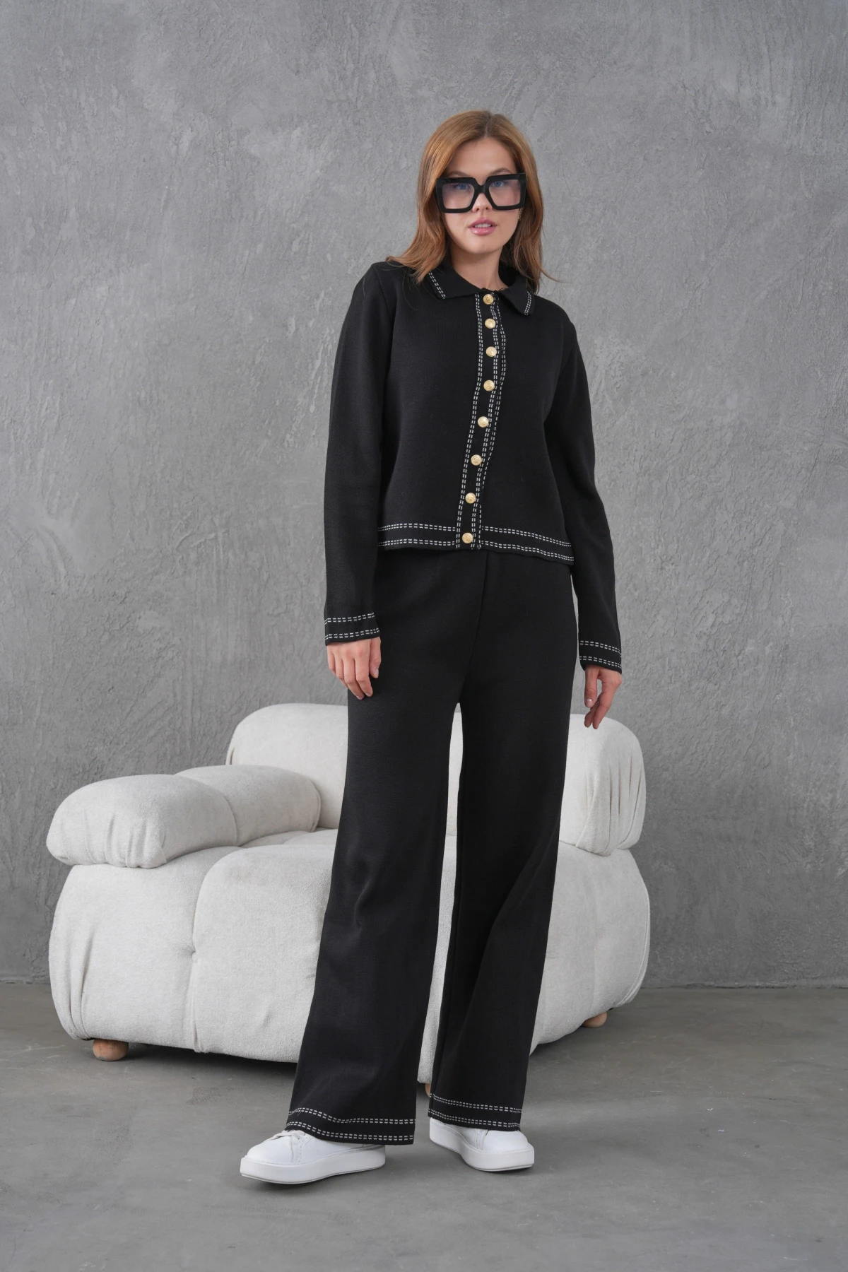 Kadın Gömlek Yaka Düğme Detay Ceket Pantolon İkili Triko Takım