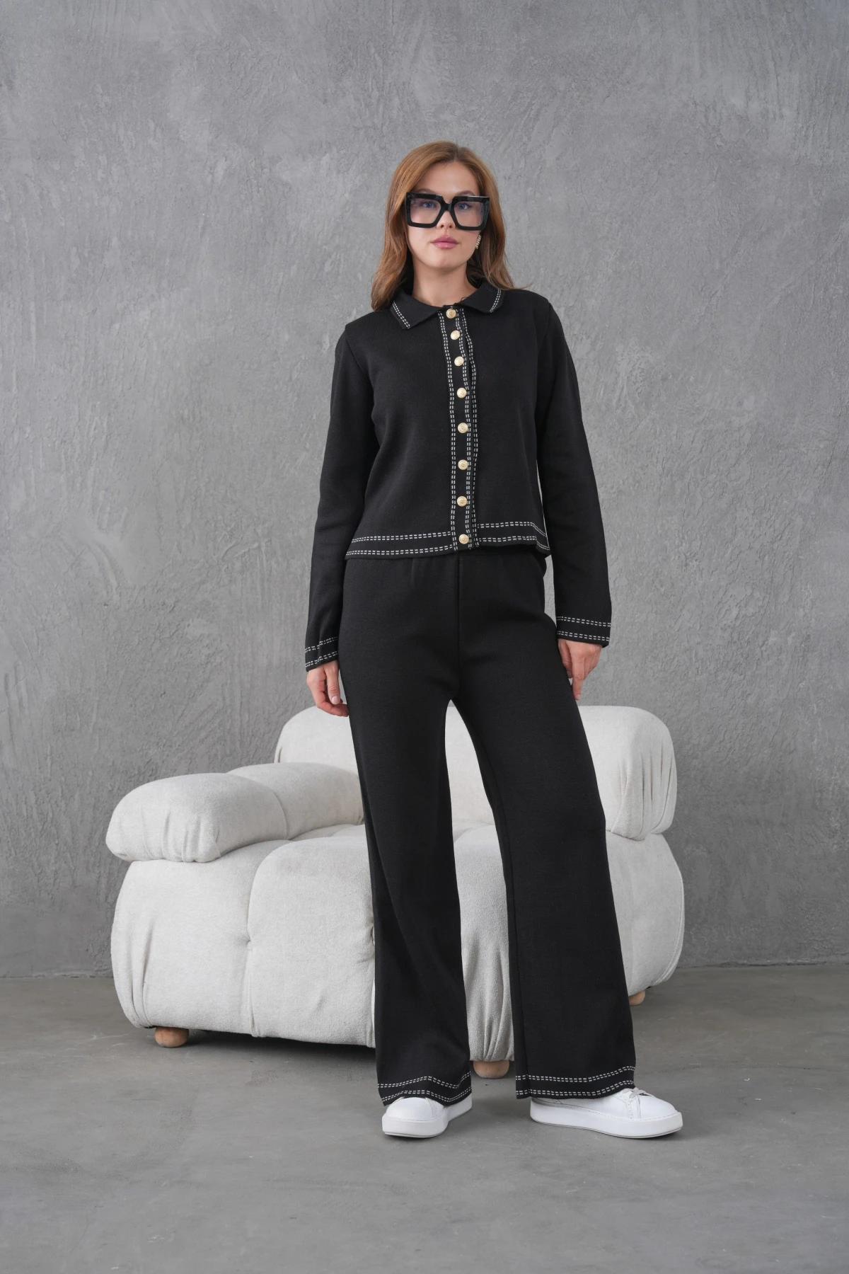 Kadın Gömlek Yaka Düğme Detay Ceket Pantolon İkili Triko Takım