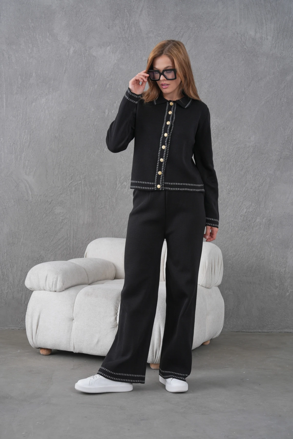 Kadın Gömlek Yaka Düğme Detay Ceket Pantolon İkili Triko Takım