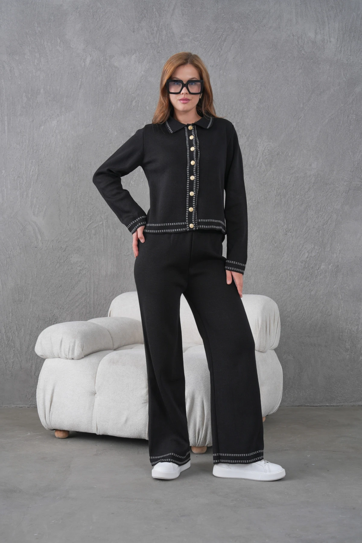 Kadın Gömlek Yaka Düğme Detay Ceket Pantolon İkili Triko Takım