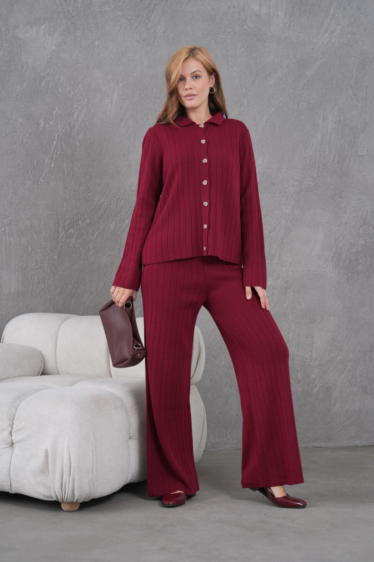 Kadın Gömlek Yaka Düğme Kapama Desenli Ceket Pantolon İkili Triko Takım