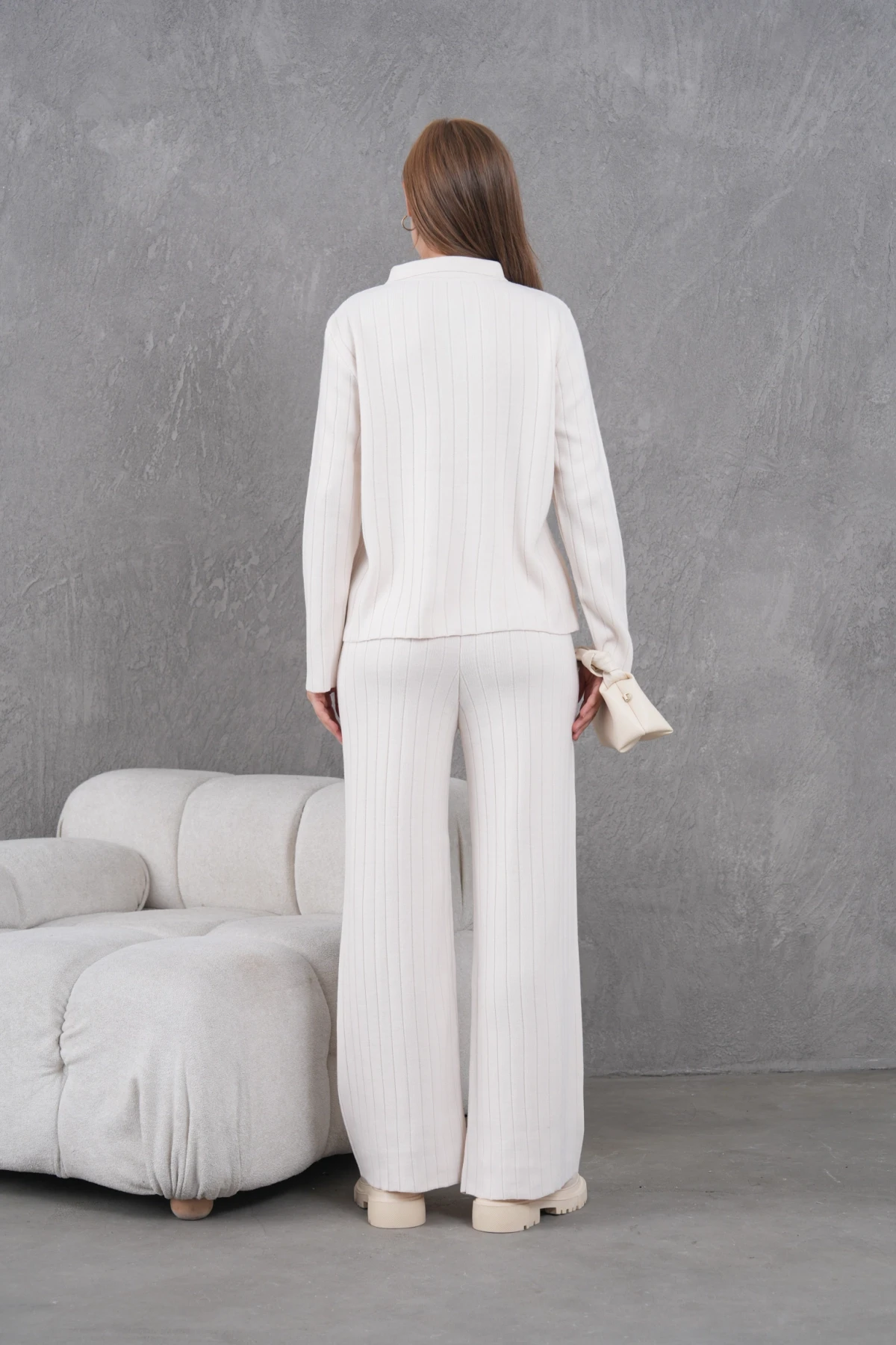 Kadın Gömlek Yaka Düğme Kapama Desenli Ceket Pantolon İkili Triko Takım