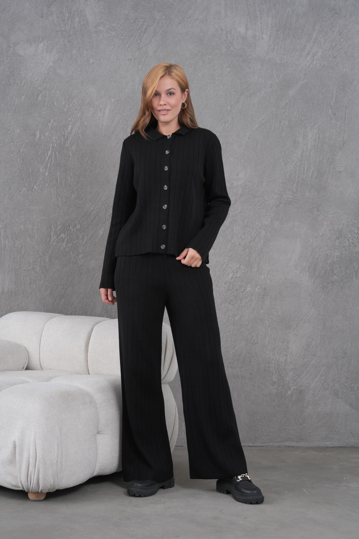 Kadın Gömlek Yaka Düğme Kapama Desenli Ceket Pantolon İkili Triko Takım