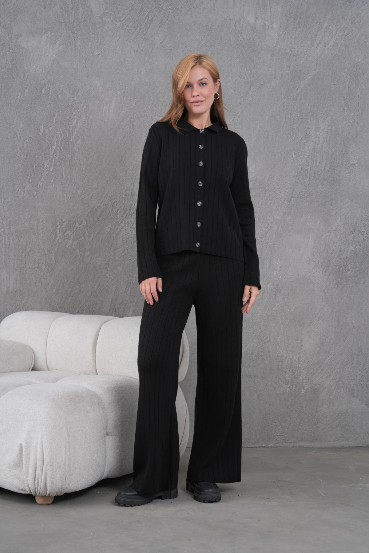 Kadın Gömlek Yaka Düğme Kapama Desenli Ceket Pantolon İkili Triko Takım